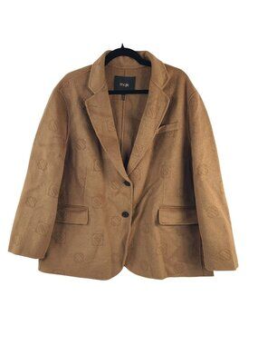 Maje Wool Blend Blazer Jacket Camel Brown Size 1 Logo Print Pockets